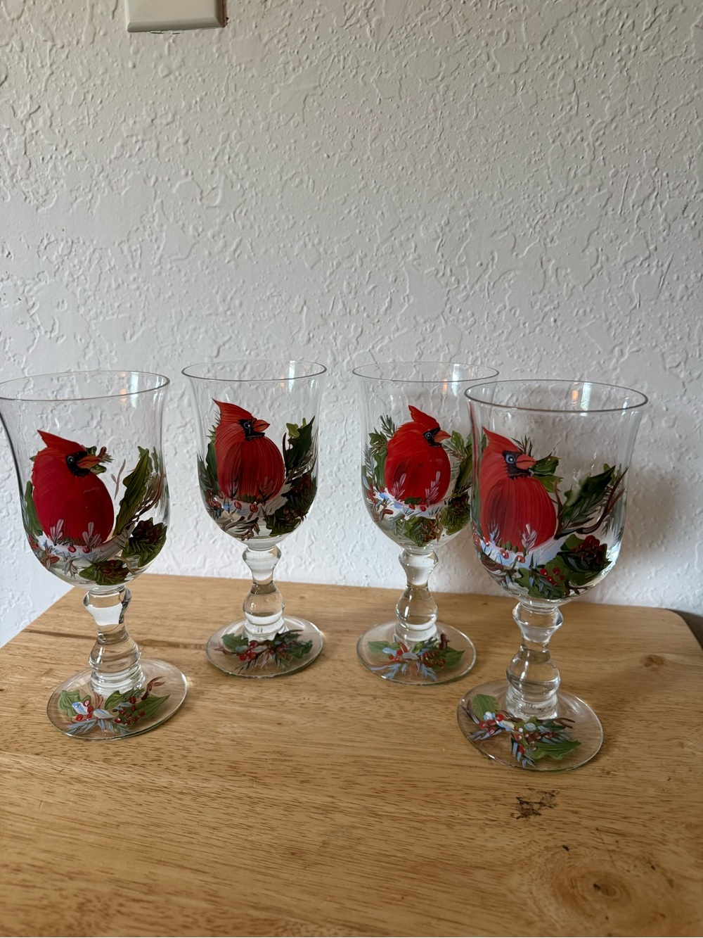 Hand-Painted Red Cardinal Wine Glasses - Set of 4